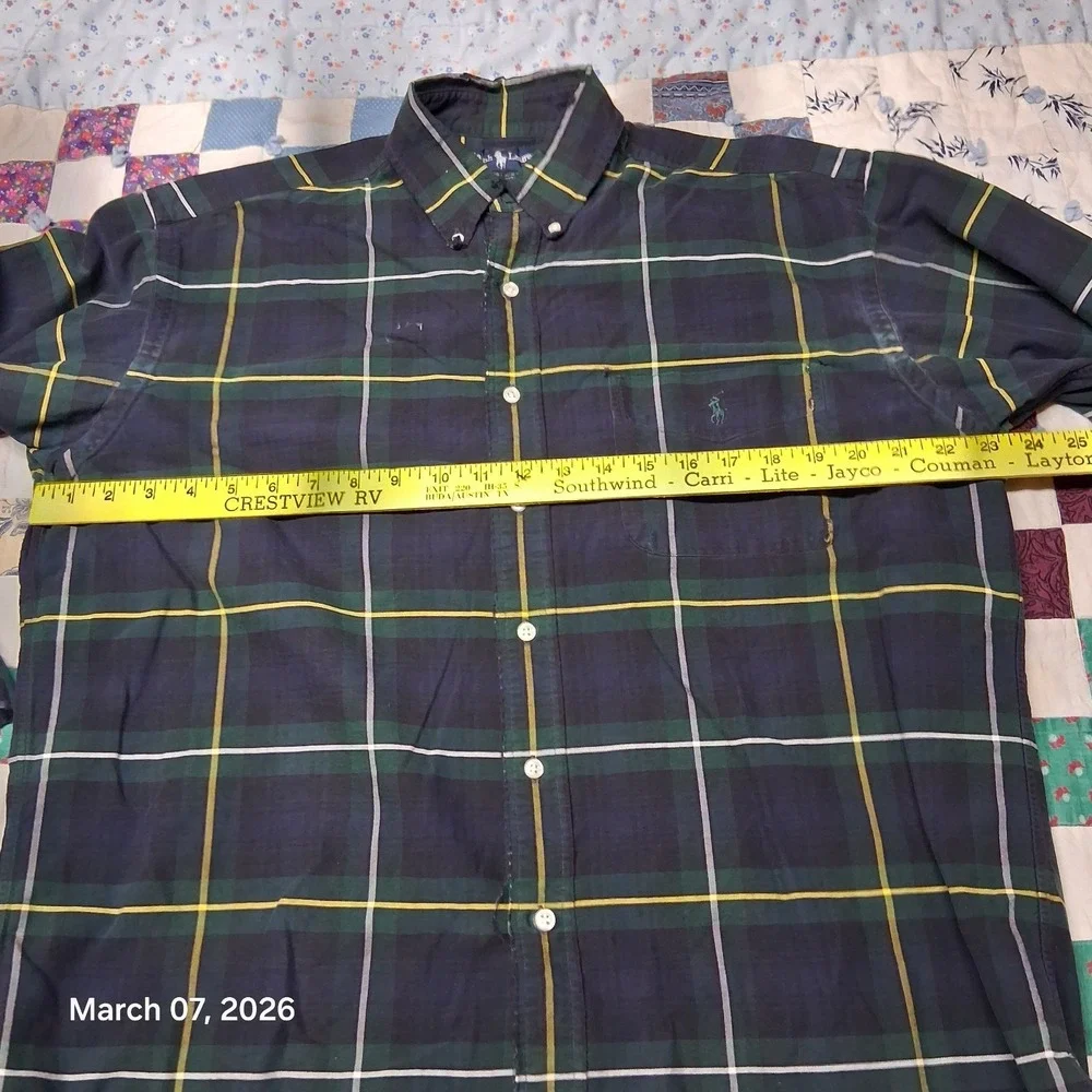 VTG‎ Polo by Ralph Lauren Big Shirt Blue and Green Plaid Size Medium Distressed